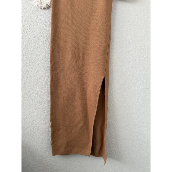 Shona Joy Square Neck Ribbed Knit Sleeveless Midi Dress Camel Neutral Minimalist - Picture 5 of 9